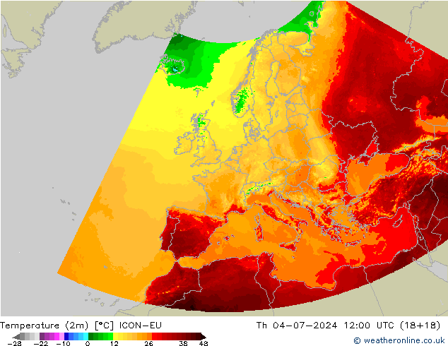 温度图 ICON-EU 星期四 04.07.2024 12 UTC
