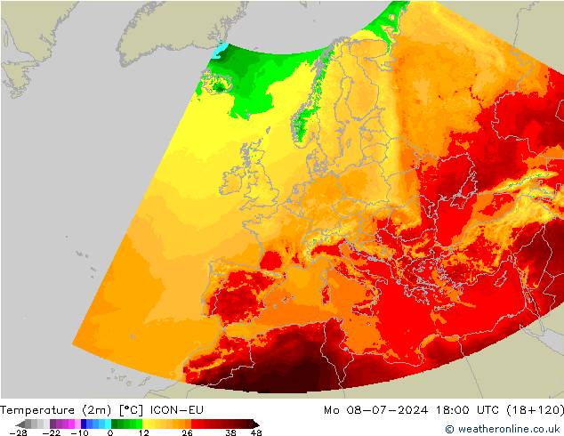 Temperatuurkaart (2m) ICON-EU ma 08.07.2024 18 UTC
