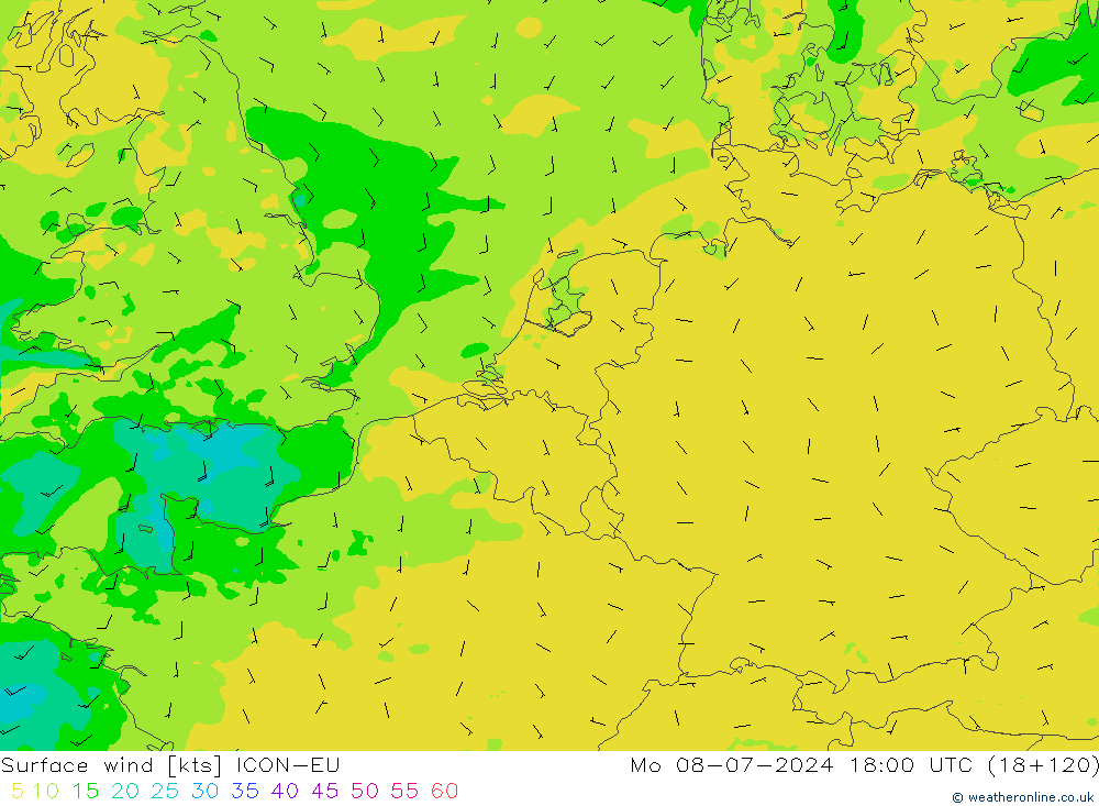 风 10 米 ICON-EU 星期一 08.07.2024 18 UTC