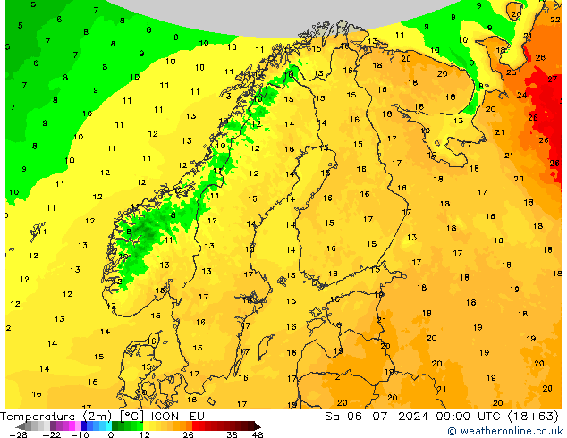 Temperatuurkaart (2m) ICON-EU za 06.07.2024 09 UTC