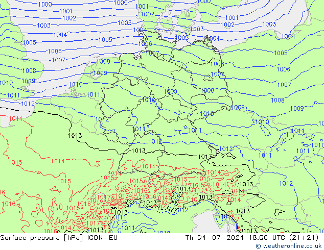 Luchtdruk (Grond) ICON-EU do 04.07.2024 18 UTC