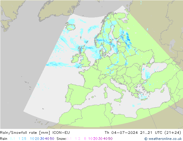 Rain/Snowfall rate ICON-EU 星期四 04.07.2024 21 UTC