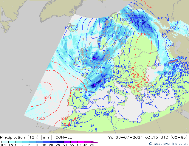 降水量 (12h) ICON-EU 星期六 06.07.2024 15 UTC