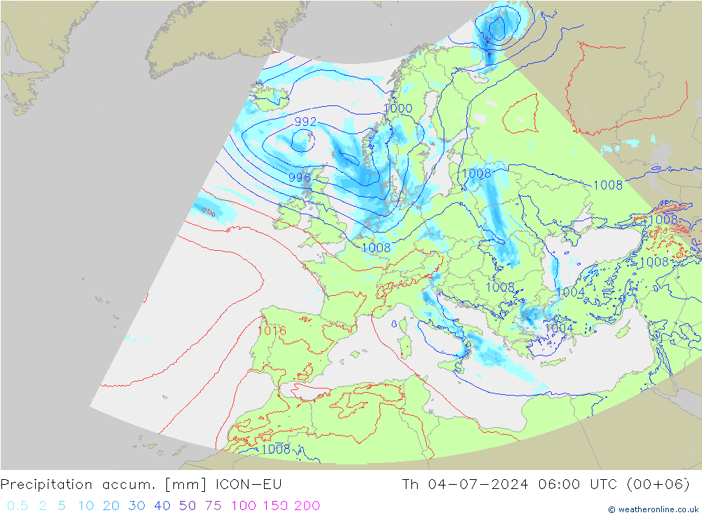 Totale neerslag ICON-EU do 04.07.2024 06 UTC