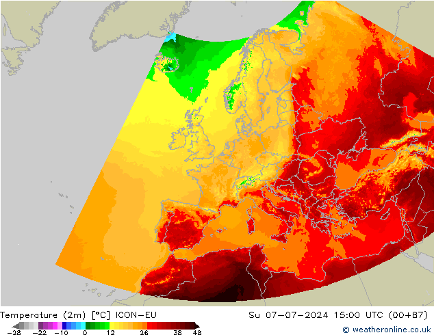温度图 ICON-EU 星期日 07.07.2024 15 UTC
