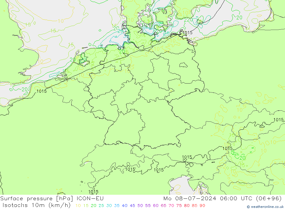 Isotachen (km/h) ICON-EU ma 08.07.2024 06 UTC