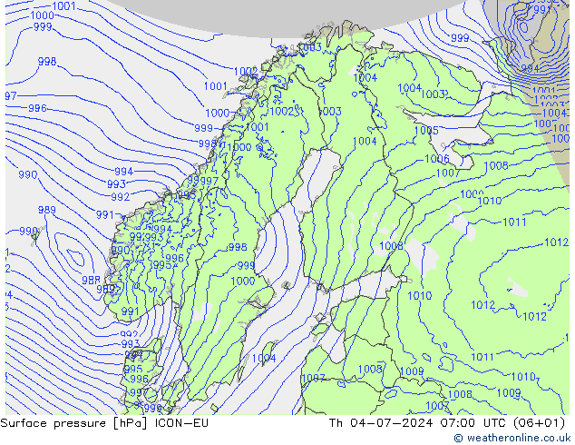 地面气压 ICON-EU 星期四 04.07.2024 07 UTC