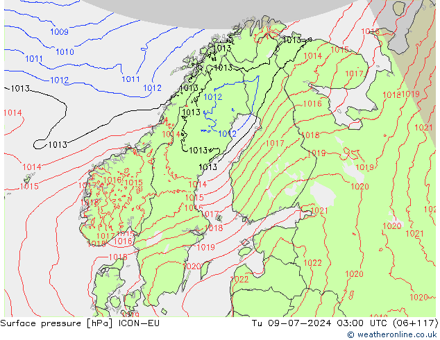 地面气压 ICON-EU 星期二 09.07.2024 03 UTC