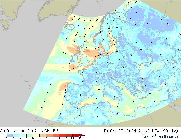 Wind 10 m (bft) ICON-EU do 04.07.2024 21 UTC