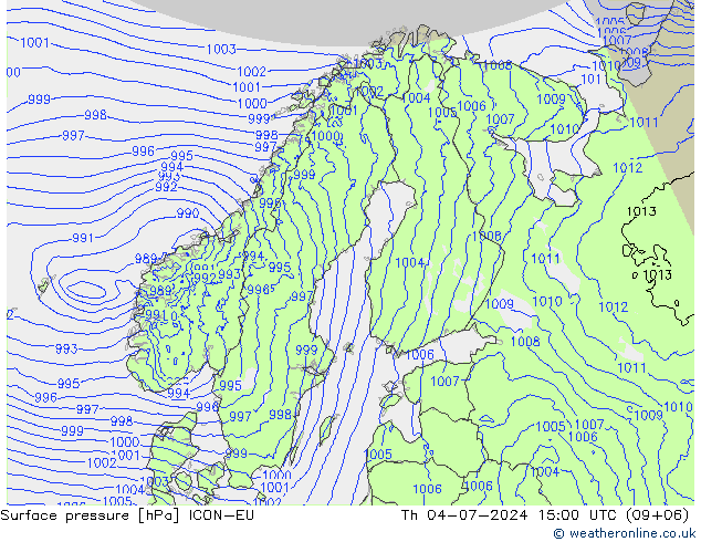 地面气压 ICON-EU 星期四 04.07.2024 15 UTC