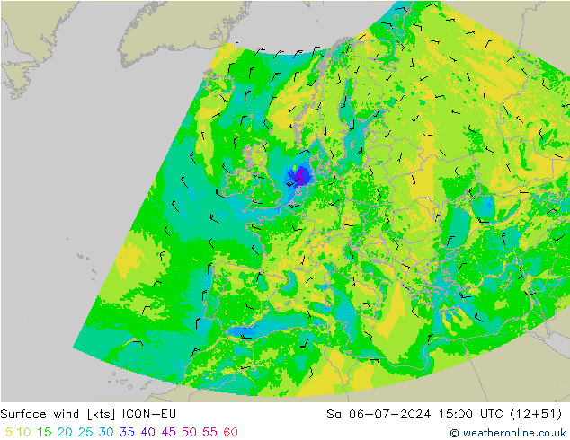 Wind 10 m ICON-EU za 06.07.2024 15 UTC
