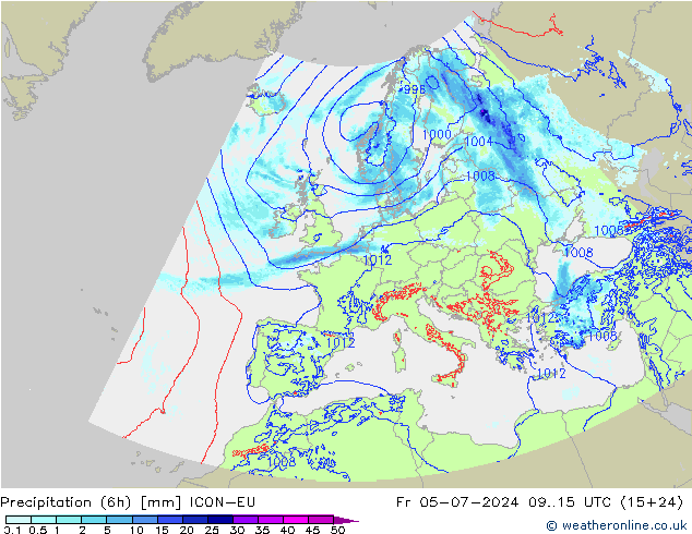 Totale neerslag (6h) ICON-EU vr 05.07.2024 15 UTC