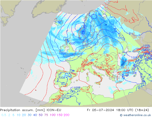 Totale neerslag ICON-EU vr 05.07.2024 18 UTC