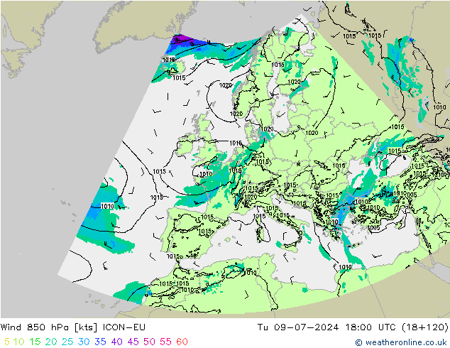 Wind 850 hPa ICON-EU di 09.07.2024 18 UTC