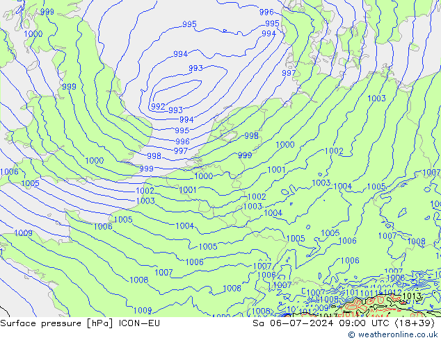 地面气压 ICON-EU 星期六 06.07.2024 09 UTC