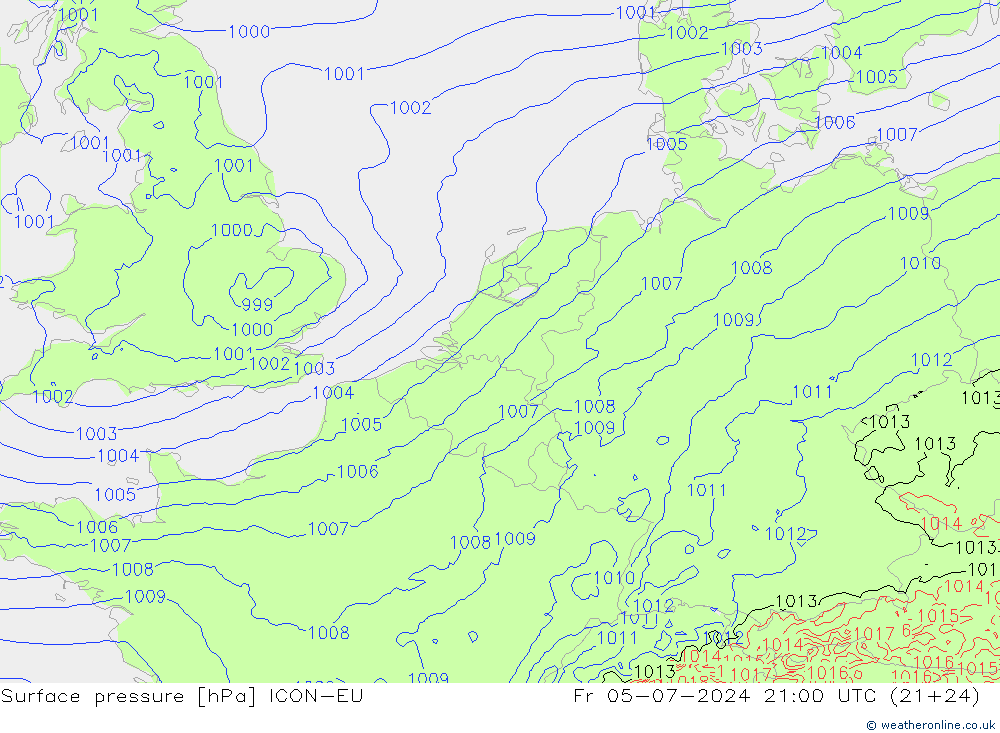 地面气压 ICON-EU 星期五 05.07.2024 21 UTC