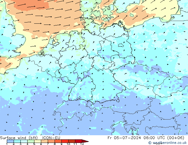 Wind 10 m (bft) ICON-EU vr 05.07.2024 06 UTC