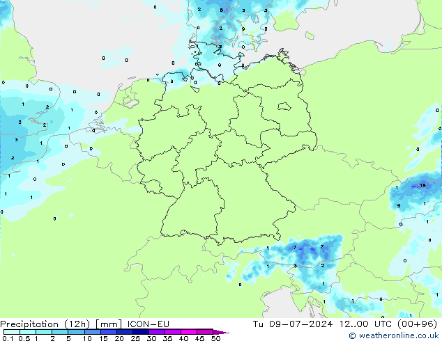 降水量 (12h) ICON-EU 星期二 09.07.2024 00 UTC