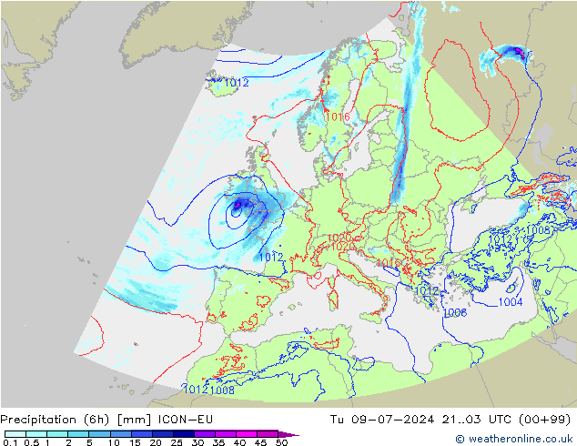 Totale neerslag (6h) ICON-EU di 09.07.2024 03 UTC