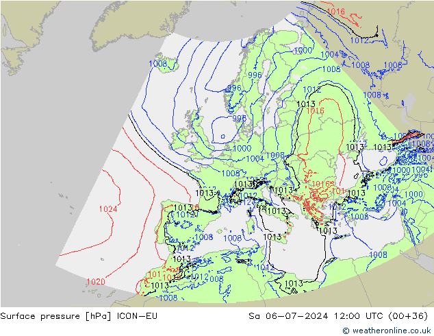 地面气压 ICON-EU 星期六 06.07.2024 12 UTC