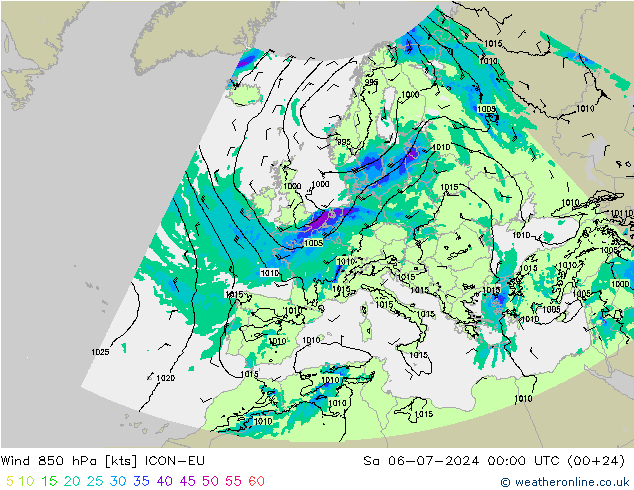 Wind 850 hPa ICON-EU za 06.07.2024 00 UTC