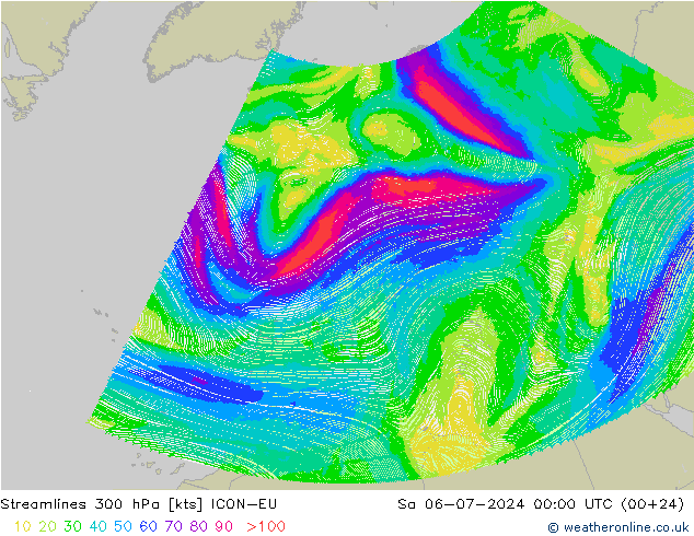 风 300 hPa ICON-EU 星期六 06.07.2024 00 UTC