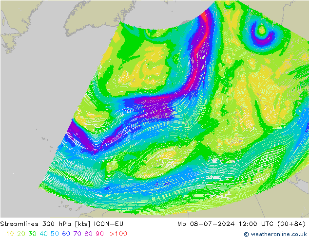 风 300 hPa ICON-EU 星期一 08.07.2024 12 UTC