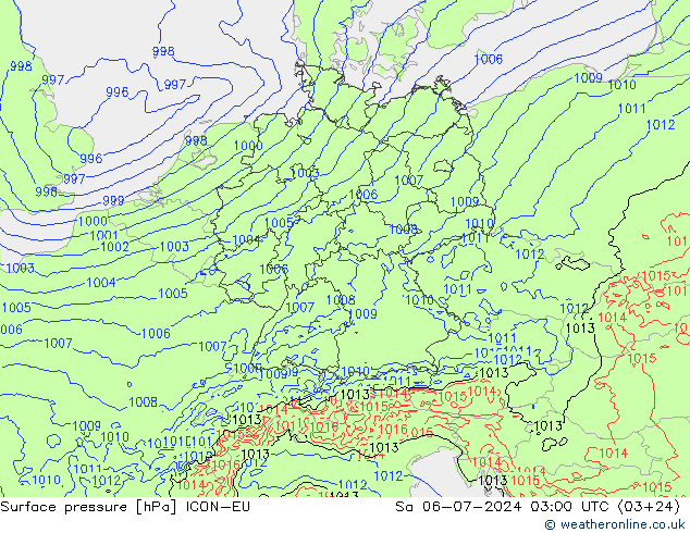 地面气压 ICON-EU 星期六 06.07.2024 03 UTC