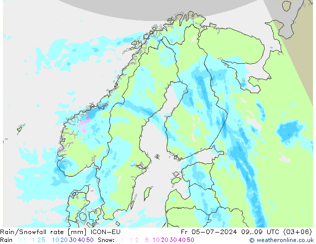 Regen/Sneeuwval ICON-EU vr 05.07.2024 09 UTC