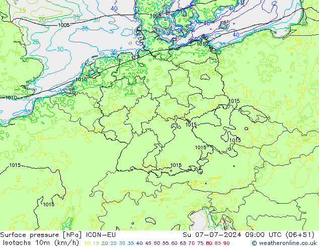 Isotachen (km/h) ICON-EU zo 07.07.2024 09 UTC