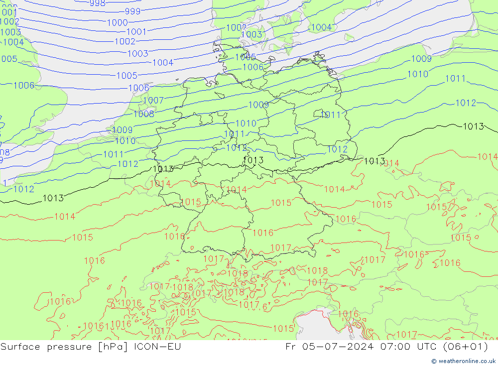 地面气压 ICON-EU 星期五 05.07.2024 07 UTC