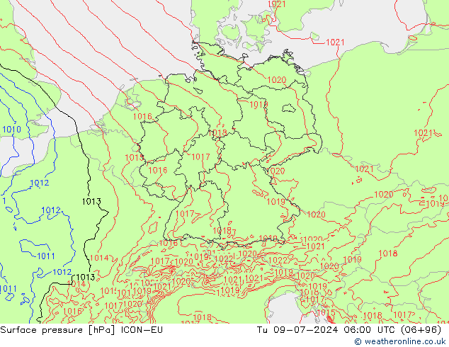 地面气压 ICON-EU 星期二 09.07.2024 06 UTC