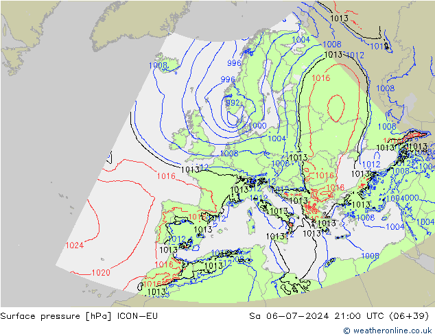 地面气压 ICON-EU 星期六 06.07.2024 21 UTC