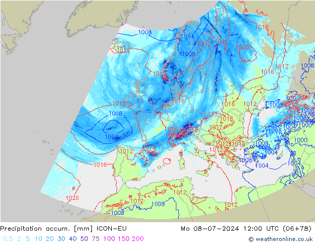 Totale neerslag ICON-EU ma 08.07.2024 12 UTC