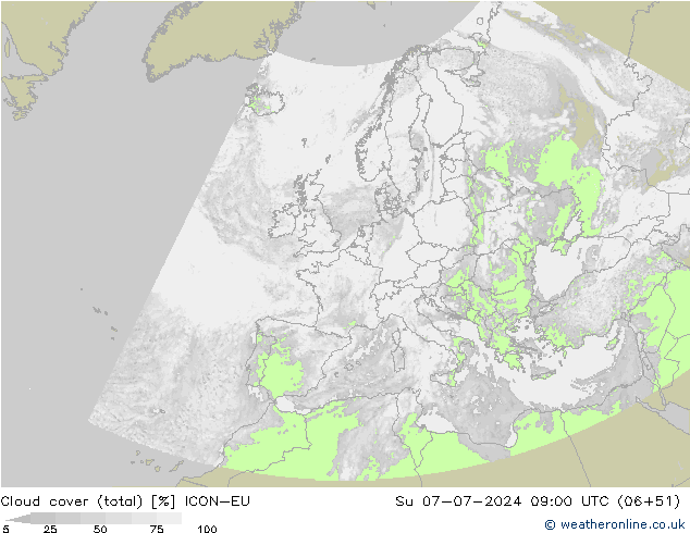 Bewolking (Totaal) ICON-EU zo 07.07.2024 09 UTC