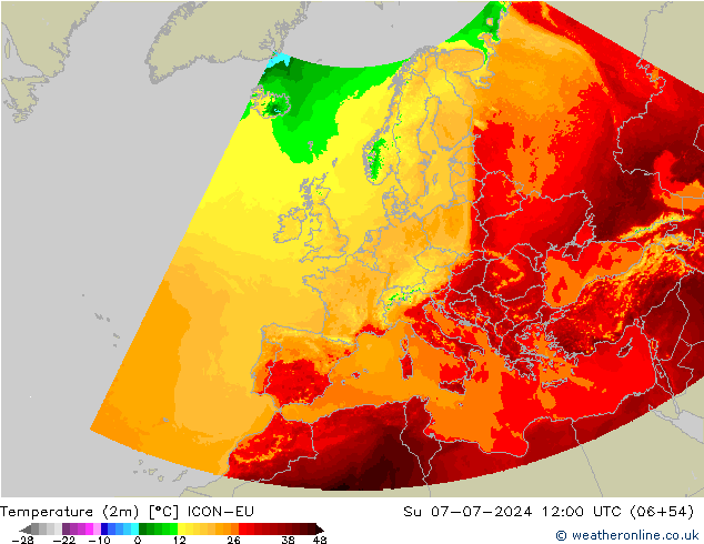 Temperatuurkaart (2m) ICON-EU zo 07.07.2024 12 UTC
