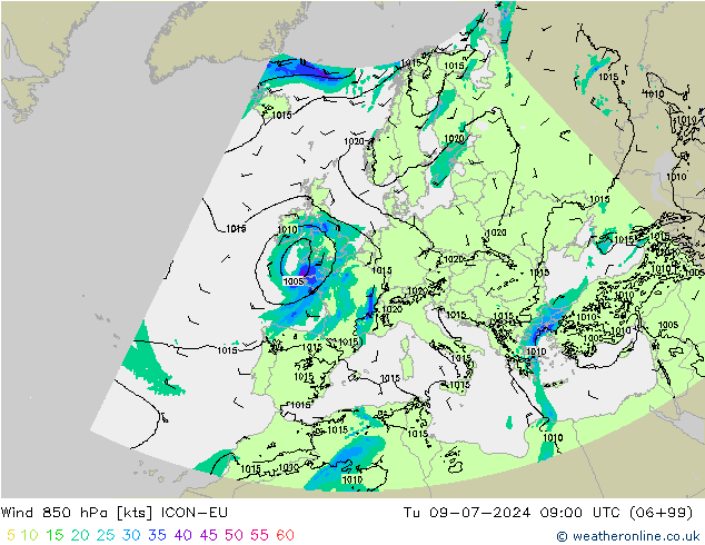 风 850 hPa ICON-EU 星期二 09.07.2024 09 UTC