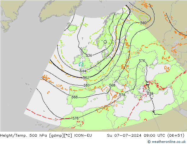 Hoogte/Temp. 500 hPa ICON-EU zo 07.07.2024 09 UTC