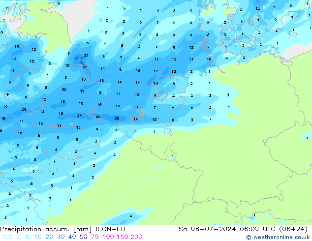 Precipitation accum. ICON-EU 星期六 06.07.2024 06 UTC