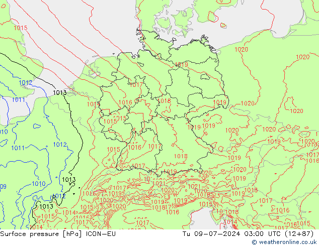 地面气压 ICON-EU 星期二 09.07.2024 03 UTC