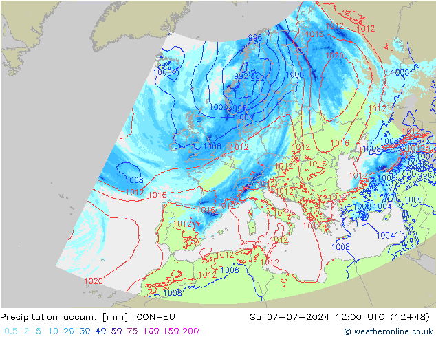 Totale neerslag ICON-EU zo 07.07.2024 12 UTC
