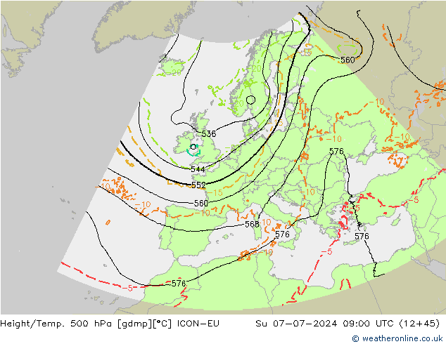 Hoogte/Temp. 500 hPa ICON-EU zo 07.07.2024 09 UTC