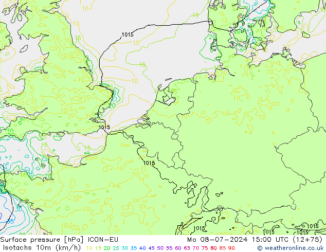 Isotachen (km/h) ICON-EU ma 08.07.2024 15 UTC