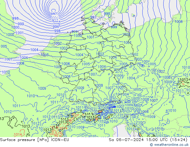 地面气压 ICON-EU 星期六 06.07.2024 15 UTC