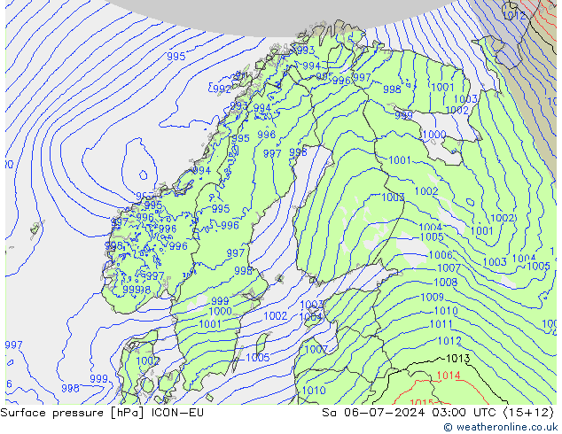 地面气压 ICON-EU 星期六 06.07.2024 03 UTC