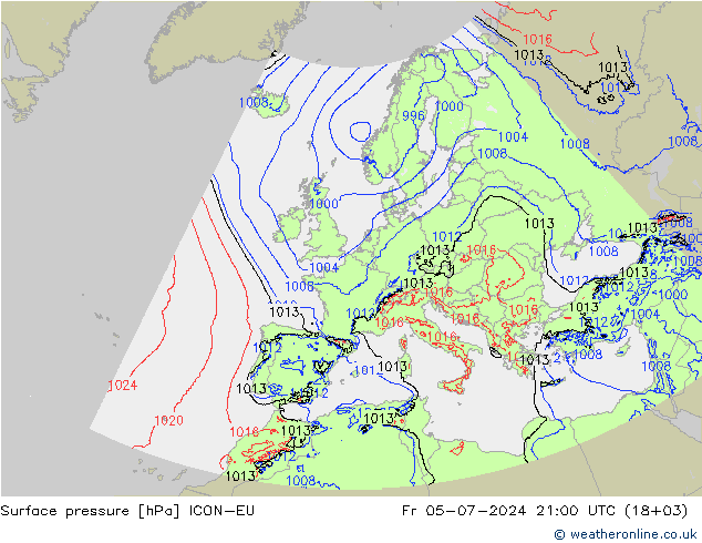 Luchtdruk (Grond) ICON-EU vr 05.07.2024 21 UTC