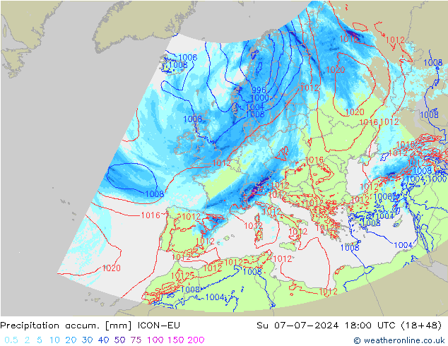 Totale neerslag ICON-EU zo 07.07.2024 18 UTC