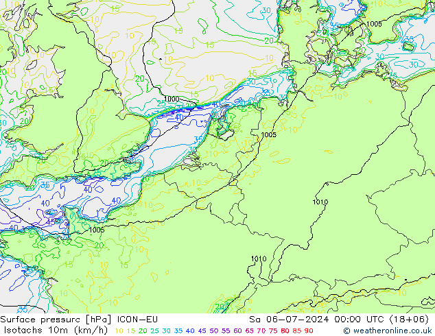 10米等风速线 (kph) ICON-EU 星期六 06.07.2024 00 UTC