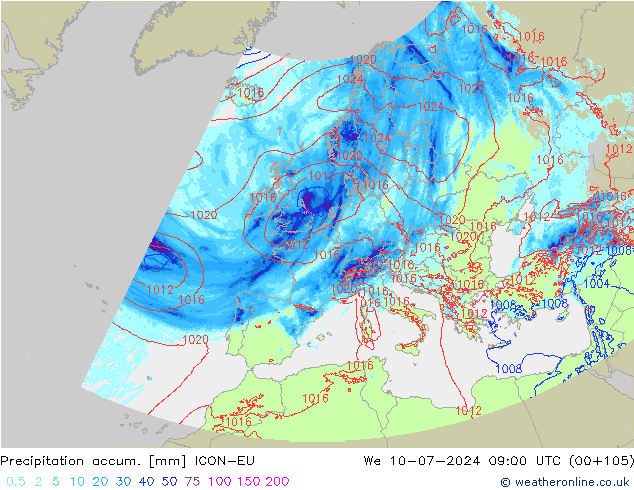 Precipitation accum. ICON-EU 星期三 10.07.2024 09 UTC