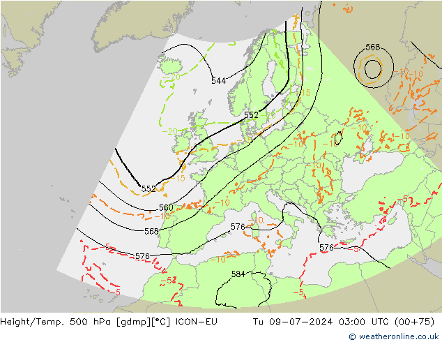 Hoogte/Temp. 500 hPa ICON-EU di 09.07.2024 03 UTC